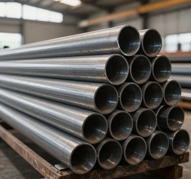 A neatly organized stack of industrial steel tubes in a bright, modern South American warehouse, natural lighting, sharp focus on the metallic texture.