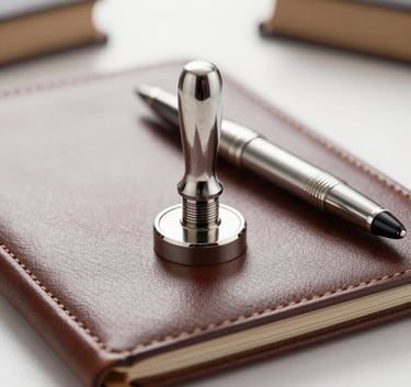 A close-up of a silver legal seal or an elegant fountain pen resting on a leather-bound folder in a European legal setting, soft focus, bright and professional white lighting.