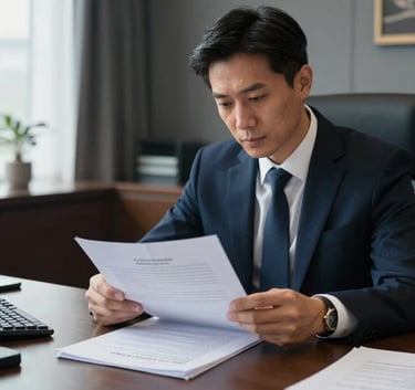 A focused professional in a high-end French legal office reviewing a complex case file, soft natural light, dark blue and grey tones in the background, high-end corporate photography.