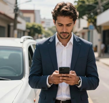 A confident person in business casual attire standing by a vehicle on a bright Brazilian street, looking at a smartphone, professional and approachable mood.