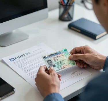 A focused South American professional reviewing a driver&amp;#x27;s license (CNH) and official documents in a well-lit office with steel blue and pale grey accents.