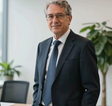 A candid photograph of a senior executive in a world-class North American / European corporate office. The setting is modern and professional, with a soft blur on the crisp parchment white walls and matte forest green plants.