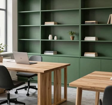 An interior shot of a welcoming Scandinavian style office in North America / Europe. The aesthetic is minimal and clean, featuring matte forest green shelving and light wood tables in a bright, professionally lit environment.
