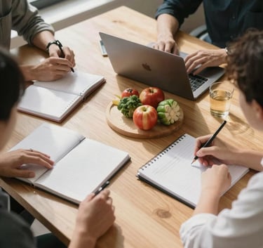 A top-down view of a content planning session in a bright, Scandinavian-style North American / US office. A clean wooden table holds notebooks, a laptop, and fresh ingredients. Natural window light casting soft shadows, professional and clean aesthetic.