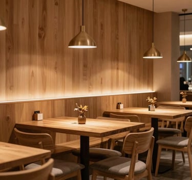 A cozy, minimalist restaurant interior in North American / US with warm wood textures and Scandinavian-inspired furniture. Soft, ambient evening lighting creates an inviting and sophisticated atmosphere.