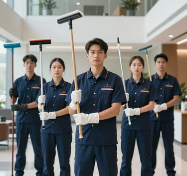 Professional photography of a team of cleaners in navy blue uniforms standing in a bright, modern corporate office lobby in the US, holding high-quality cleaning equipment, looking professional and reliable.