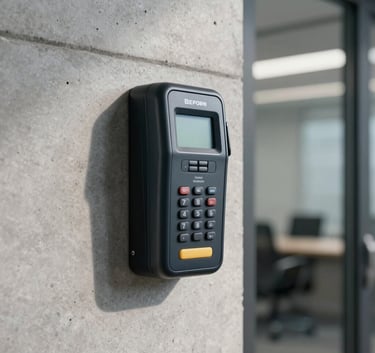 Close up photography of a sleek security card reader mounted on a modern concrete wall next to a glass door. Professional lighting, North American office setting, clean and secure aesthetic.