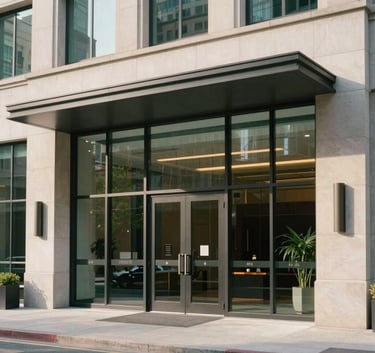 A modern corporate headquarters entrance in a North American business district. Large double glass doors, polished stone facade, soft daylight filtering through, clean professional atmosphere using off-white and deep green tones.