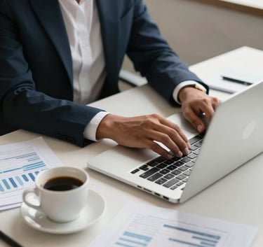A professional desk setup in a South Asian / Indian corporate environment featuring a modern laptop, a cup of coffee, and organized financial reports. The lighting is bright and efficient. Colors include dark navy and off-white, reflecting a sense of modern efficiency.