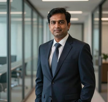 A sharp, professional portrait of a South Asian / Indian consultant in a dark navy suit, standing in a sophisticated Bangalore office corridor with glass partitions and soft lighting. The composition conveys trust and expertise, with a subtle steel blue color palette in the background.