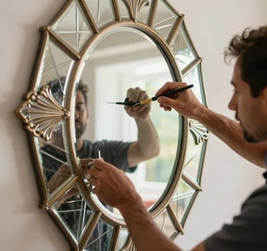 Close-up of a glazier installing a large, bespoke decorative mirror in a sophisticated Spanish / Aragonese living room. The lighting is bright and emphasizes the precision of the cut glass and the craftsman's expertise.
