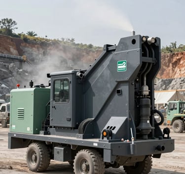 A powerful mobile stone crusher in a South African quarry, dark slate gray industrial design with sage green branding, dust suppression systems active, bright daylight.