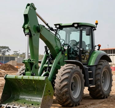 A modern tractor loader backhoe (TLB) on a South African construction site, positioned for digging, clean industrial finish in seaweed green, cinematic lighting.