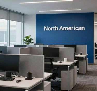 A wide shot of a modern North American advertising agency office, dynamic environment with sleek workstations, large glass partitions, and a palette of grey and deep blue.