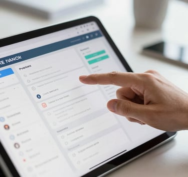 A close-up shot of a professional hand scrolling through an interactive marketing dashboard on a tablet, bright and professional lighting, North American office setting.