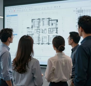 A group of professionals in a modern North American / US architectural firm gathering around a large screen to review digital blueprints, professional and focused atmosphere, sky blue accents.