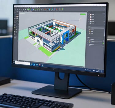 Photography of a professional BIM workstation in a North American / US office, showing a monitor with a complex color-coded 3D structural model, sleek design with royal blue and dark slate blue ambient light.