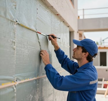 A detailed photograph of a professional technician in a clean uniform inspecting a modern exterior wall. The setting is a bright Southern European construction site. The focus is on the precision and quality of the insulation layers, emphasizing efficiency and responsibility.