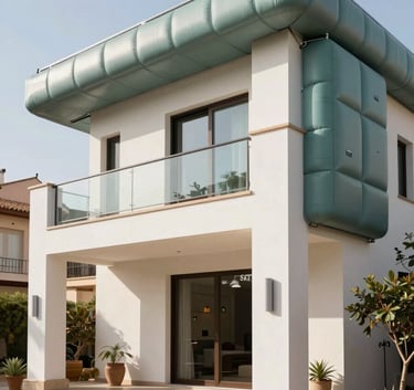 A professional wide-angle shot of a modern Spanish villa with a newly installed SATE exterior insulation system. The architecture is clean and sophisticated with off-white and muted teal accents. The scene is bright and highlights environmental efficiency in a Southern European urban setting.