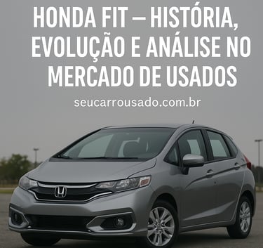 Honda Fit prata em destaque com chamada sobre sua história, evolução e desempenho no mercado de usad