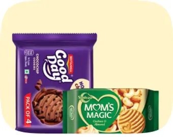 Britannia Good Day Chocochip cookies and Sunfeast Mom's Magic cashew and almond biscuits packs.