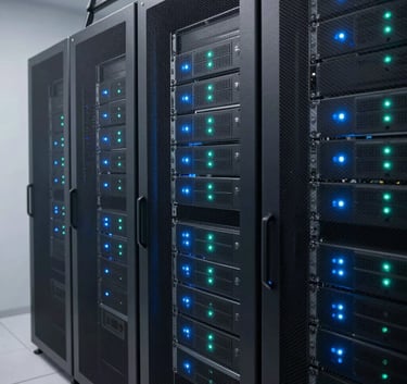 Professional European server room with high-end racks, glowing Soft Blue and Emerald Teal indicator lights, clean minimalist lines, sharp focus on technical infrastructure, conveying unwavering security.
