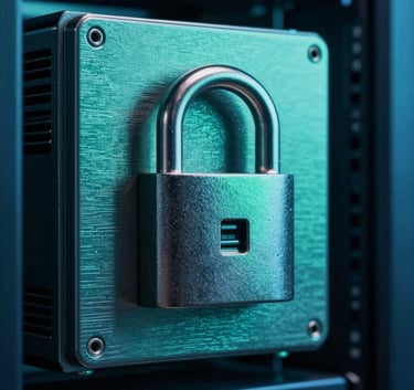 Close up of a secure hardware security module in a data center, brushed metal texture, soft Emerald Teal and Deep Blue lighting, European industrial design, representing absolute reliability.