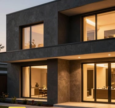Exterior photography of a high-end contemporary home with sleek lines and charcoal cladding, illuminated by warm gold light at twilight.