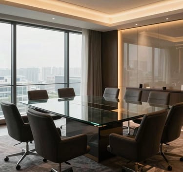 A wide, high-angle shot of a sophisticated modern boardroom with deep charcoal furniture, a glass table reflecting soft gold overhead lights, and large windows.