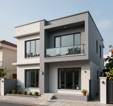 A wide photography shot of a beautiful, modern residential villa in a South Asian / Indian urban neighborhood, featuring clean lines, large windows, and a cloud grey exterior under clear daylight.