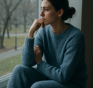 A person in comfortable, high-quality knitwear sitting in a thoughtful pose by a window overlooking a quiet Central European park, soft muted blue and grey tones, emphasizing realistic self-care and introspection.