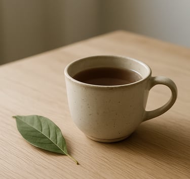 A minimalist and serene close-up of a ceramic cup of tea on a light wooden table, with a soft green leaf resting beside it, Central European interior style, soft daylight, focusing on a sense of grounded wisdom.