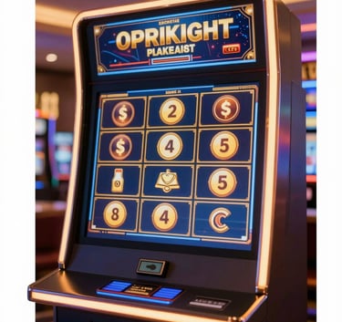 A close-up shot of a modern, premium slot machine display showing glowing jackpot symbols, with elegant lighting and a palette of gold and navy blue, captured in a high-end gaming lounge style.