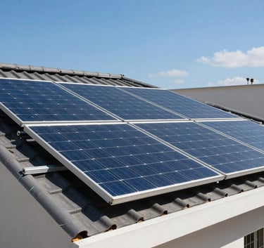 Clean, high-quality solar panels installed on a modern residential roof under a bright blue Brazilian sky, crystal clear photography, technological and sustainable feel.