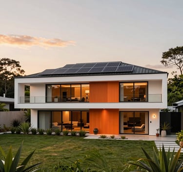 A premium South American modern house with solar panels on the roof, lush green garden, warm sunset lighting, high-end architecture, orange and white tones.