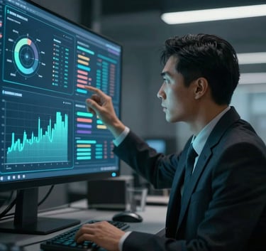 A professional business professional analyzing holographic data charts in a dark, high-tech office environment, colors focused on #21364F and #6C8CA3.