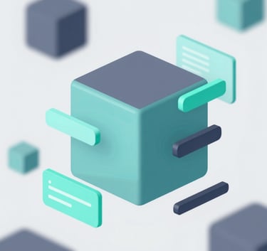 A high-tech abstract 3D composition with geometric shapes and floating digital interface elements in #0D1B2A and #6C8CA3, clean and innovative lighting.