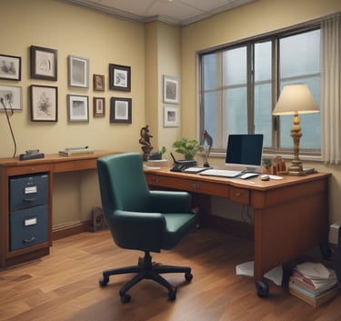 A serene and calming therapy room with blue tones.