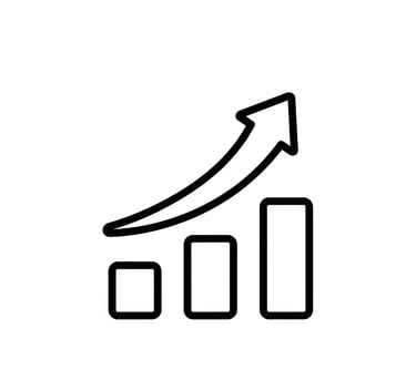 Line art icon of a bar chart with an upward arrow showing business growth and financial success.