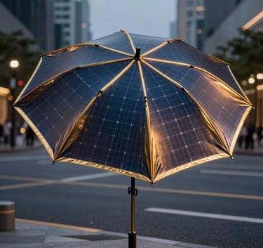 Professional outdoor photograph of a high-tech solar-powered umbrella with metallic gold trim, illuminating a modern street corner at dusk.