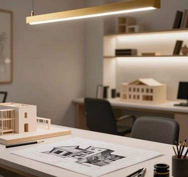 A minimalist and professional interior design studio workspace in Islamabad, featuring architectural models, charcoal-colored drafting tools, and elegant gold lighting.