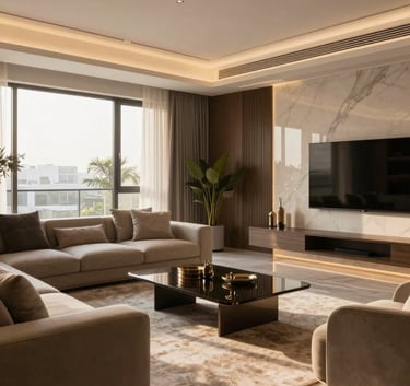A wide-angle interior photograph of a modern, luxury living room in Lahore, featuring sleek furniture, neutral tones, and sophisticated golden hour lighting.