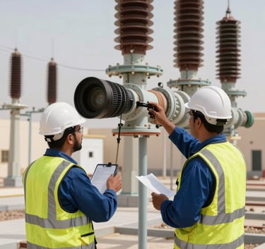 Professional technicians in safety gear working on a major electrical installation at a government facility in Muscat, a Middle Eastern / Omani setting. The mood is precise and expert.