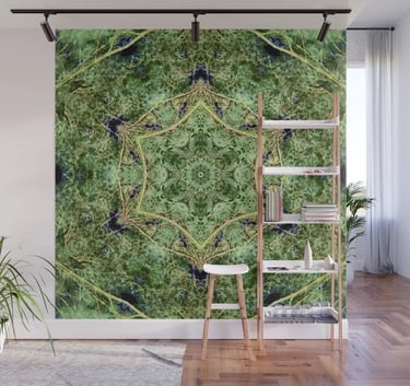 Abstract nature kaleidoscope design printed on a wall mural.
