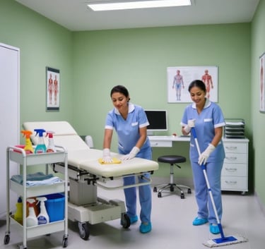 two women cleaning a doctors surgery