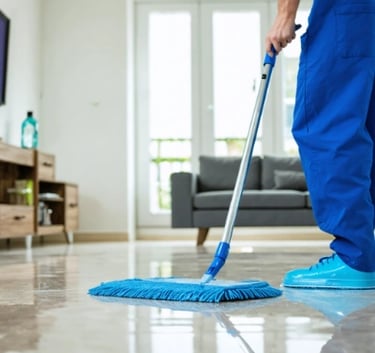 a man cleaning a floor with a mop