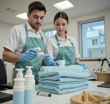 a man and woman in aprons are cleaning a doctors surgery