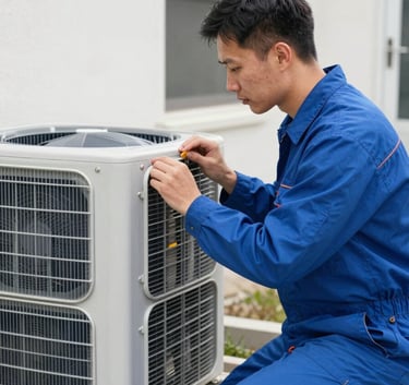 A professional technician in a steel blue uniform inspecting a modern HVAC system inside a North American / US home, focused composition, professional bright lighting.