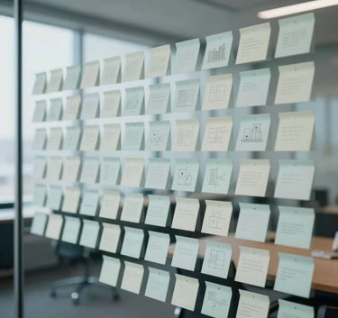 A close-up of a glass wall with neatly organized sticky notes and business diagrams in a bright Baltic conference room, muted steel blue and pale mist gray tones, professional strategy environment.
