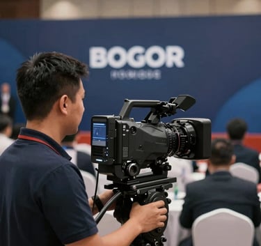 A professional cameraman operating a large broadcast camera at a high-profile hybrid meeting in Bogor. The background shows a blurry corporate event hall with modern lighting and the brand palette's deep navy (#0E1C28) tones.